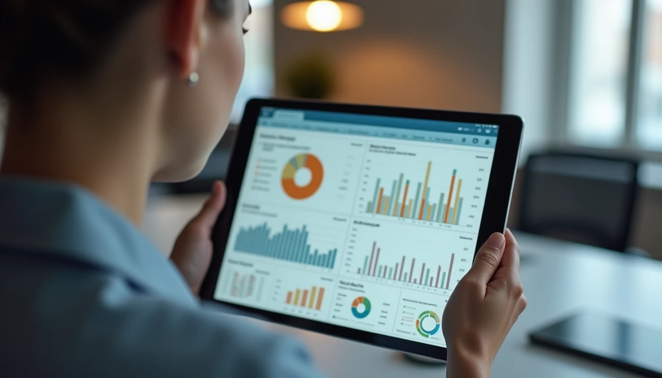 Portfolio Management Dashboard auf einem Tablet, Geschäftsfrau analysiert Daten, sauberes Büroambiente