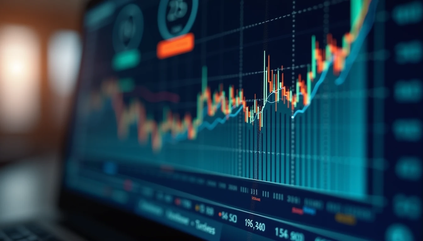Marktanalyse Chart mit Trendlinien und KI-Prognose Overlay, Finanzexperten im Hintergrund unscharf